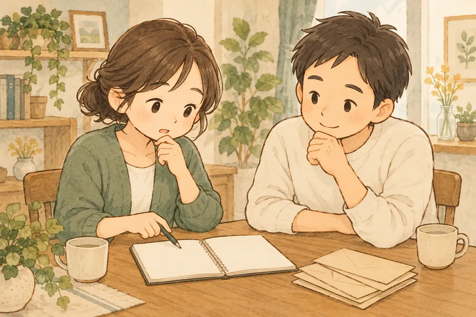 ノートと封筒を前に、確認したいことを一緒に整理する二人のイラスト